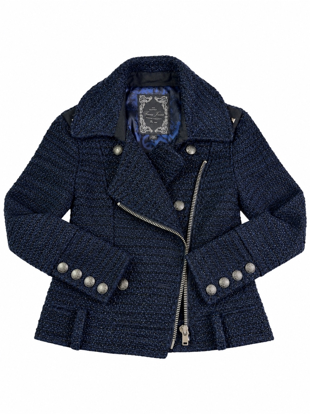 GUESS Jeans Blue Tweed Sparkle Moto Jacket Studded Small Heavy Knit (No Belt)